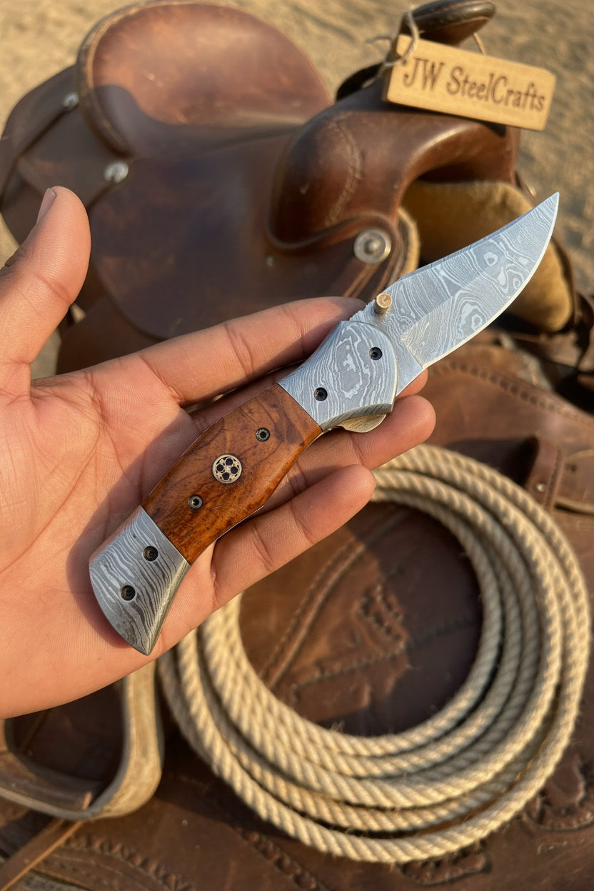 Dusty Trail Pocket Knife 7" Handmade Damascus Steel Folding Knife | JW Steelcrafts