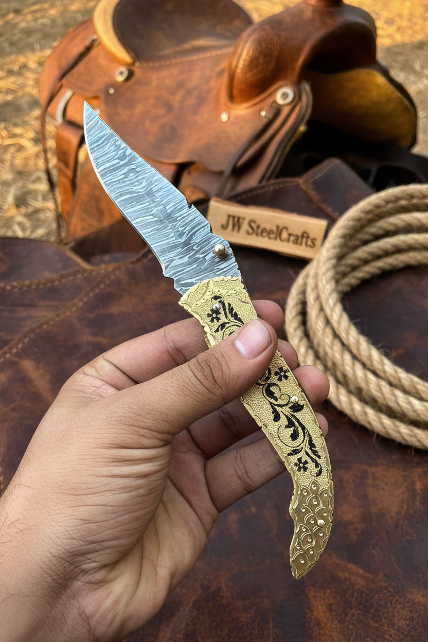 Calligraphy Engraved Brass Folder Knife 10" Handmade Damascus Blade