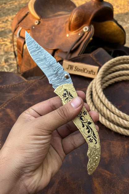 Calligraphy Engraved Brass Folder Knife 10" Handmade Damascus Blade