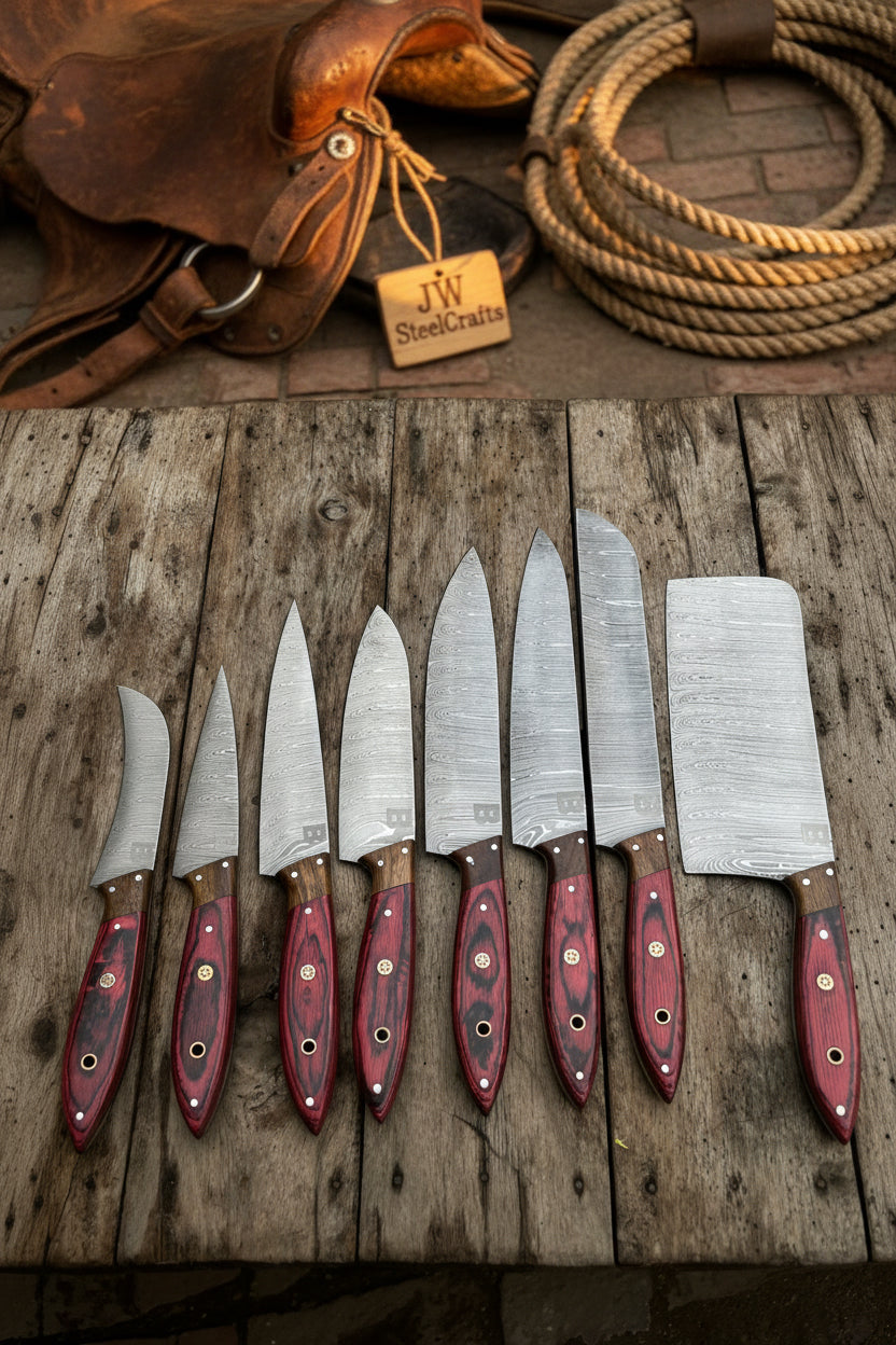 8 Piece Damascus Knife Set with Red Pakka Handles and  Leather Roll