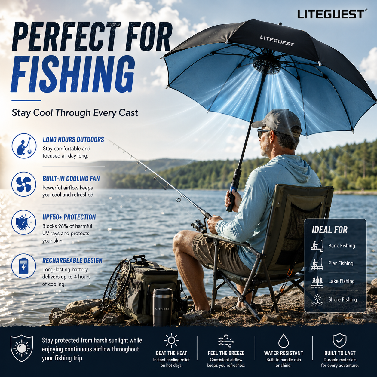 LITEGUEST Cooling Fan Umbrella | Mist Spray & UPF50+ Protection