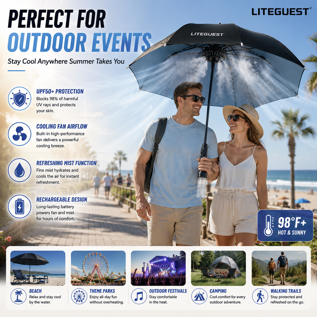 LITEGUEST Cooling Fan Umbrella | Mist Spray & UPF50+ Protection