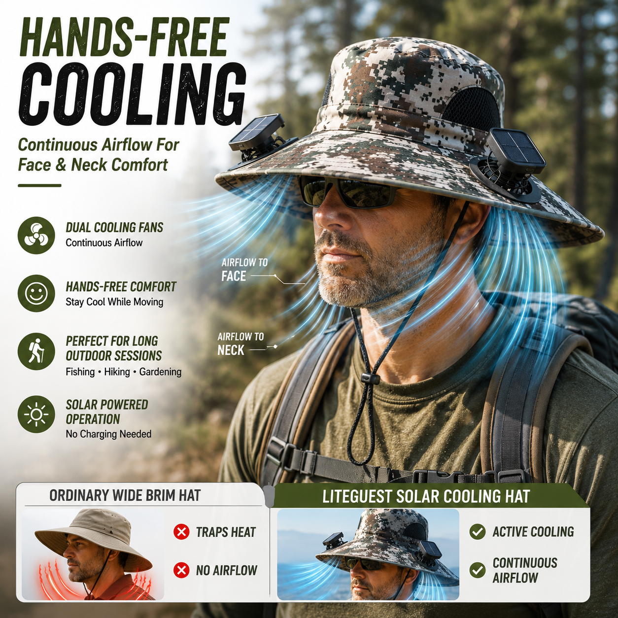 LITEGUEST Solar-Powered Dual Fan Sun Hat – Cooling Outdoor Cap