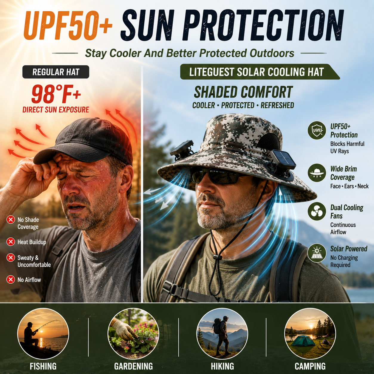 LITEGUEST Solar-Powered Dual Fan Sun Hat – Cooling Outdoor Cap