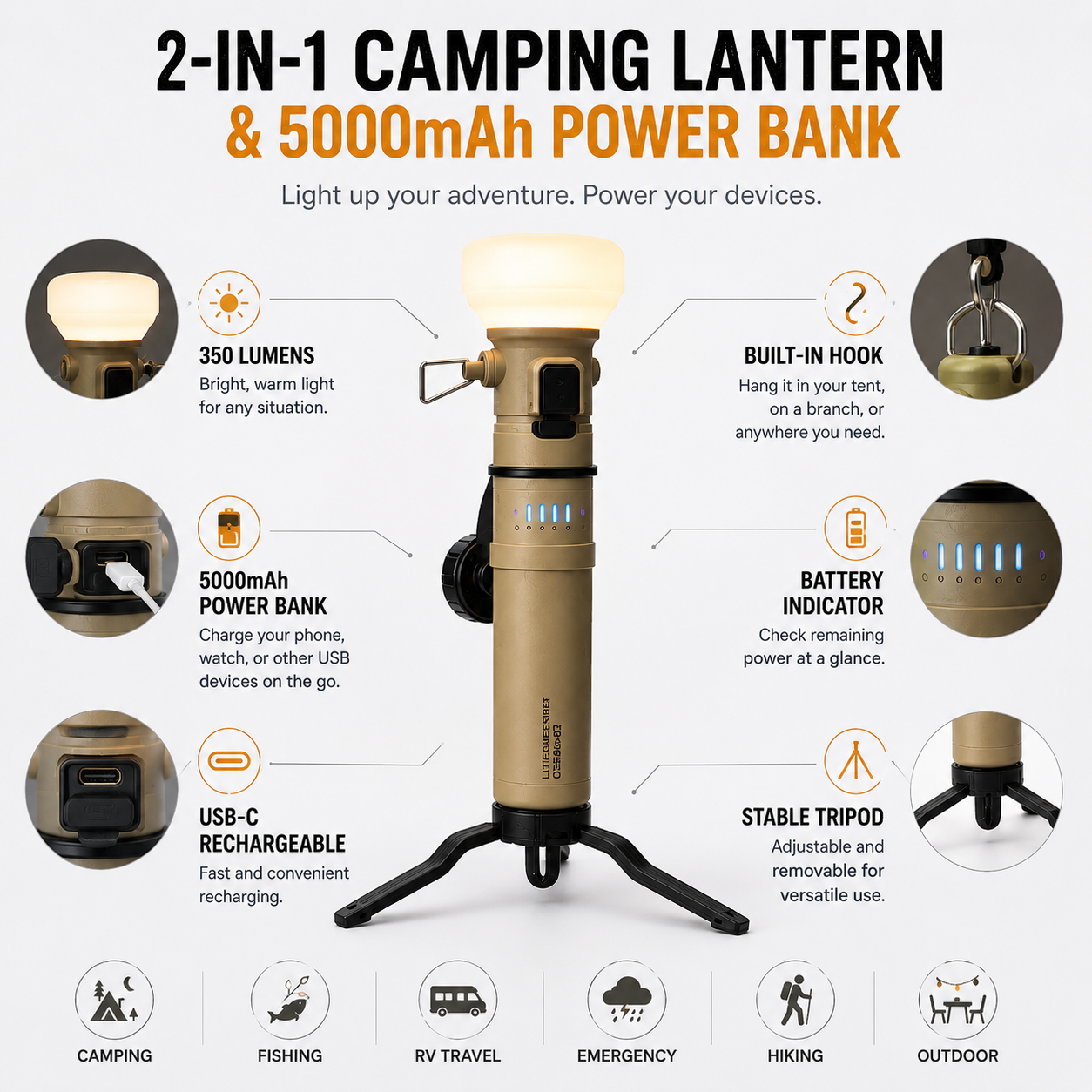 LITEGUEST 2-in-1 Retro Camping Lantern with 5000mAh Power Bank
