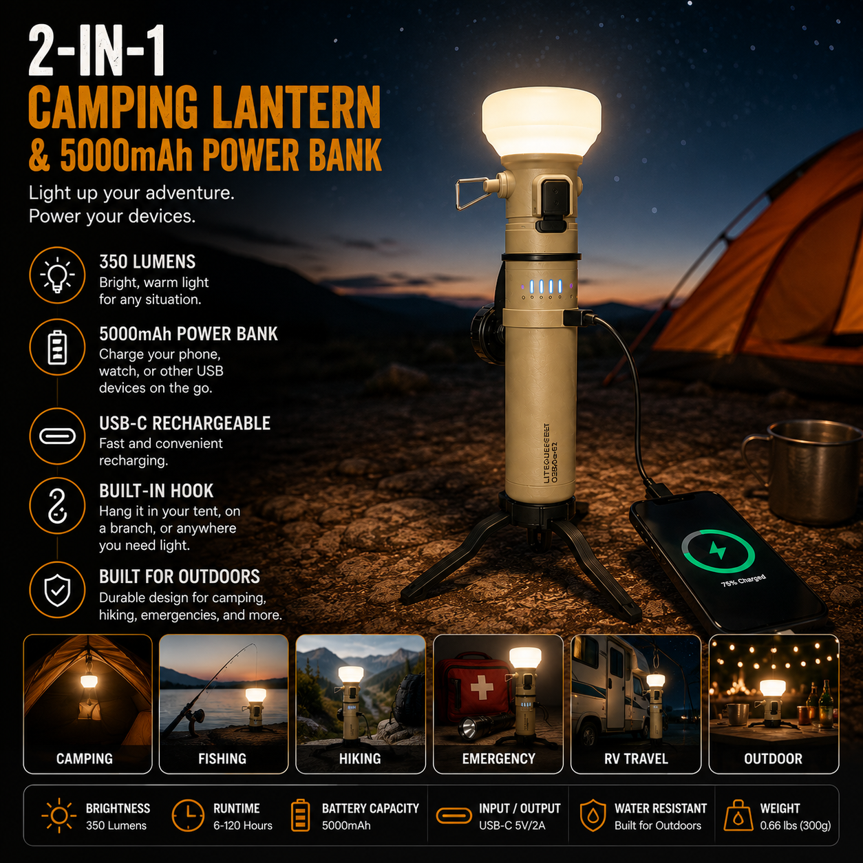 LITEGUEST 2-in-1 Retro Camping Lantern with 5000mAh Power Bank