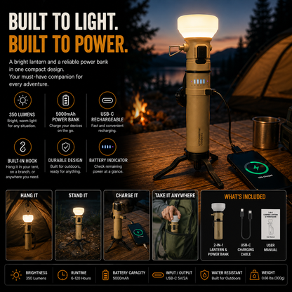 LITEGUEST 2-in-1 Retro Camping Lantern with 5000mAh Power Bank