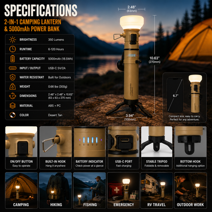 LITEGUEST 2-in-1 Retro Camping Lantern with 5000mAh Power Bank