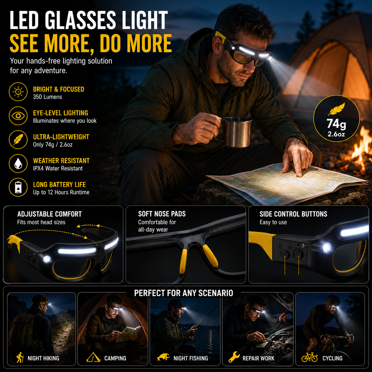LITEGUEST Night Vision LED Riding Glasses Light