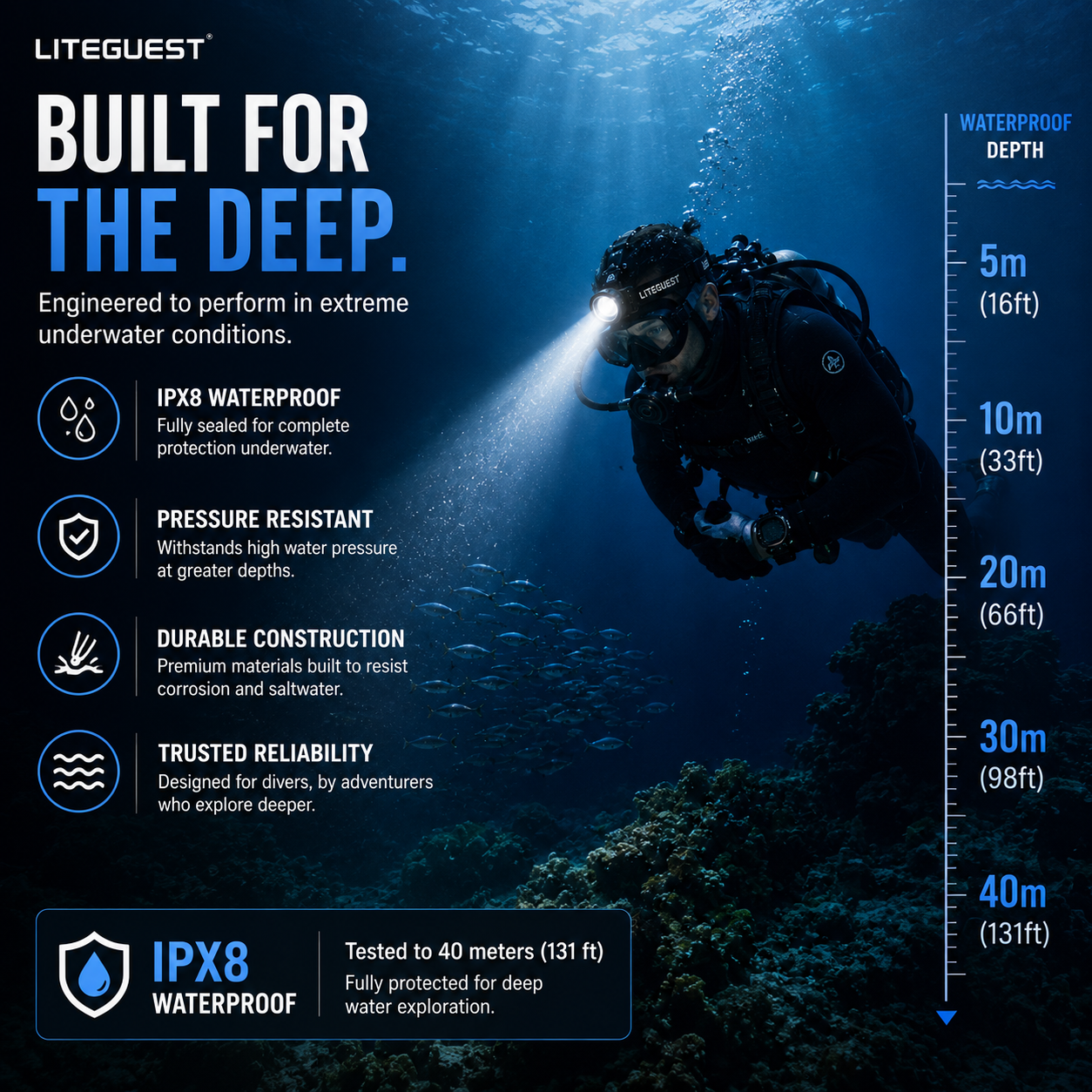 LITEGUEST Pro Submersible Diving Headlamp – IPX8 Waterproof Head Light