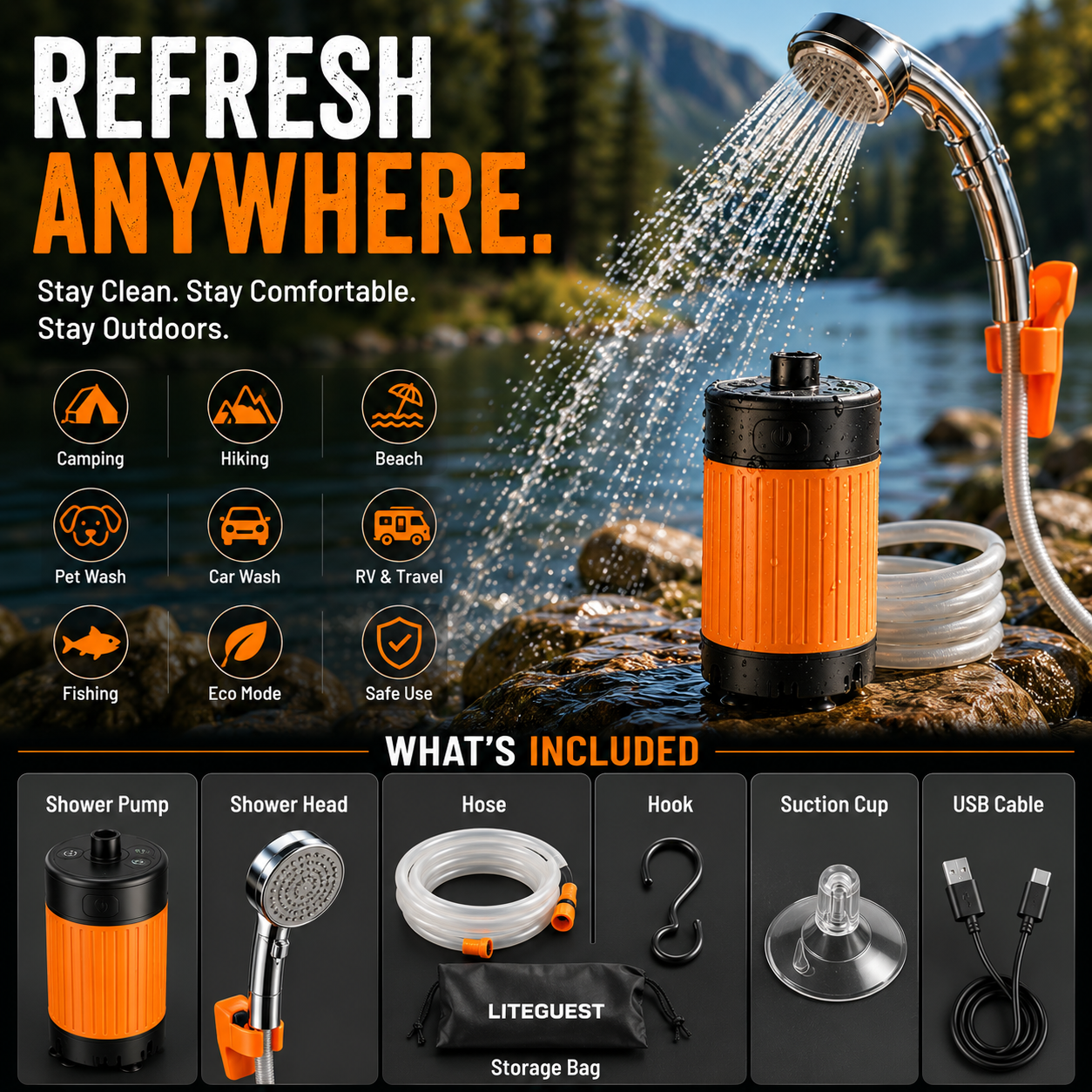 LITEGUEST Smart Portable Electric Shower | 6000mAh Outdoor Camping