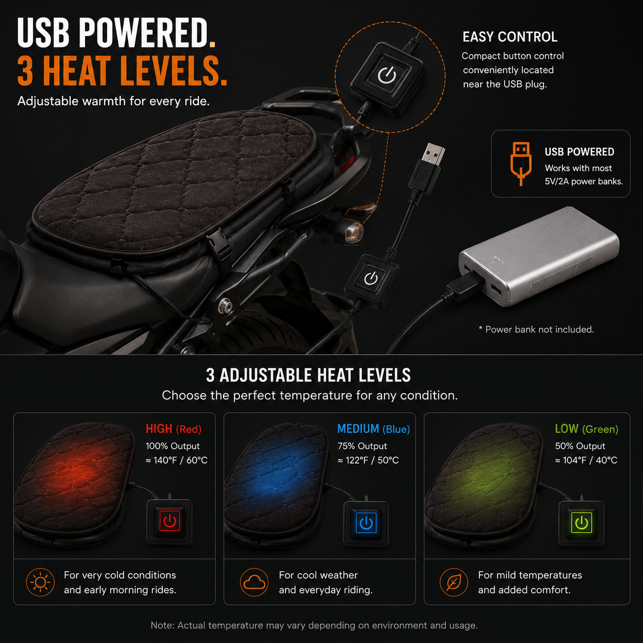 LITEGUEST Heated Motorcycle Seat Cover for Cold Weather Riding