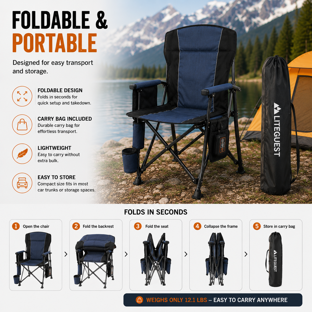LITEGUEST Heated Camping Chair | USB Heated Folding Chair