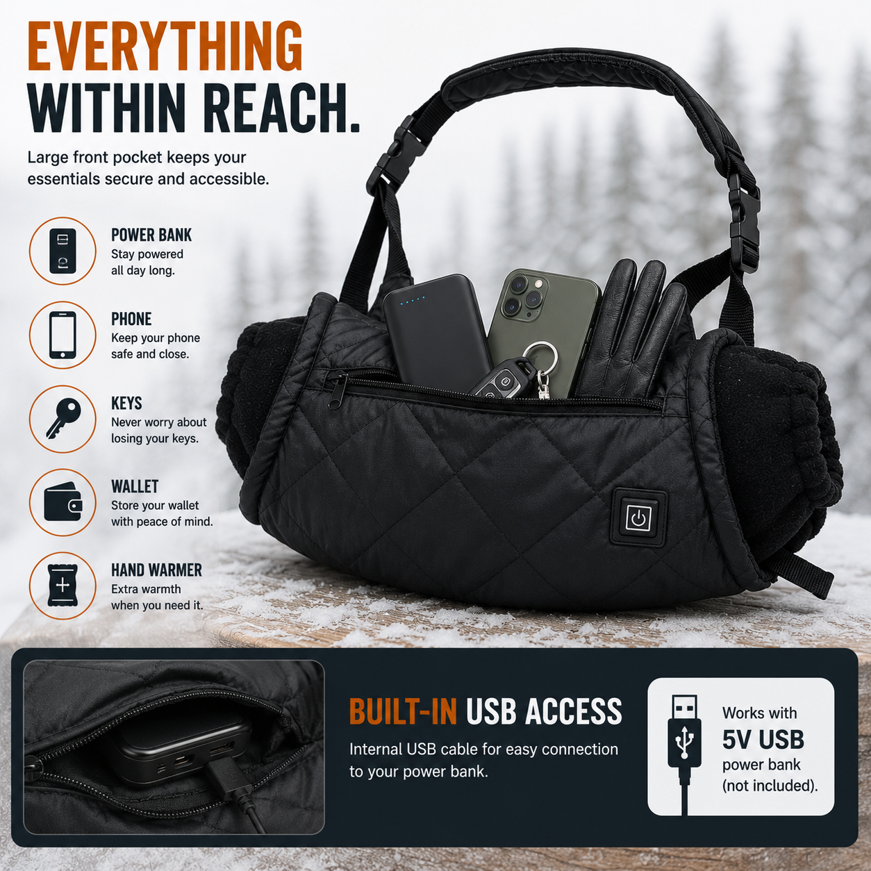 LITEGUEST USB Heated Hand Muff – Winter Outdoor Hand Warmers
