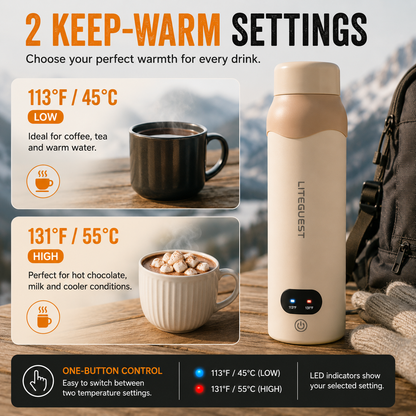 LITEGUEST Portable USB Heated Outdoor Mug 304 Stainless Steel Warm Cup