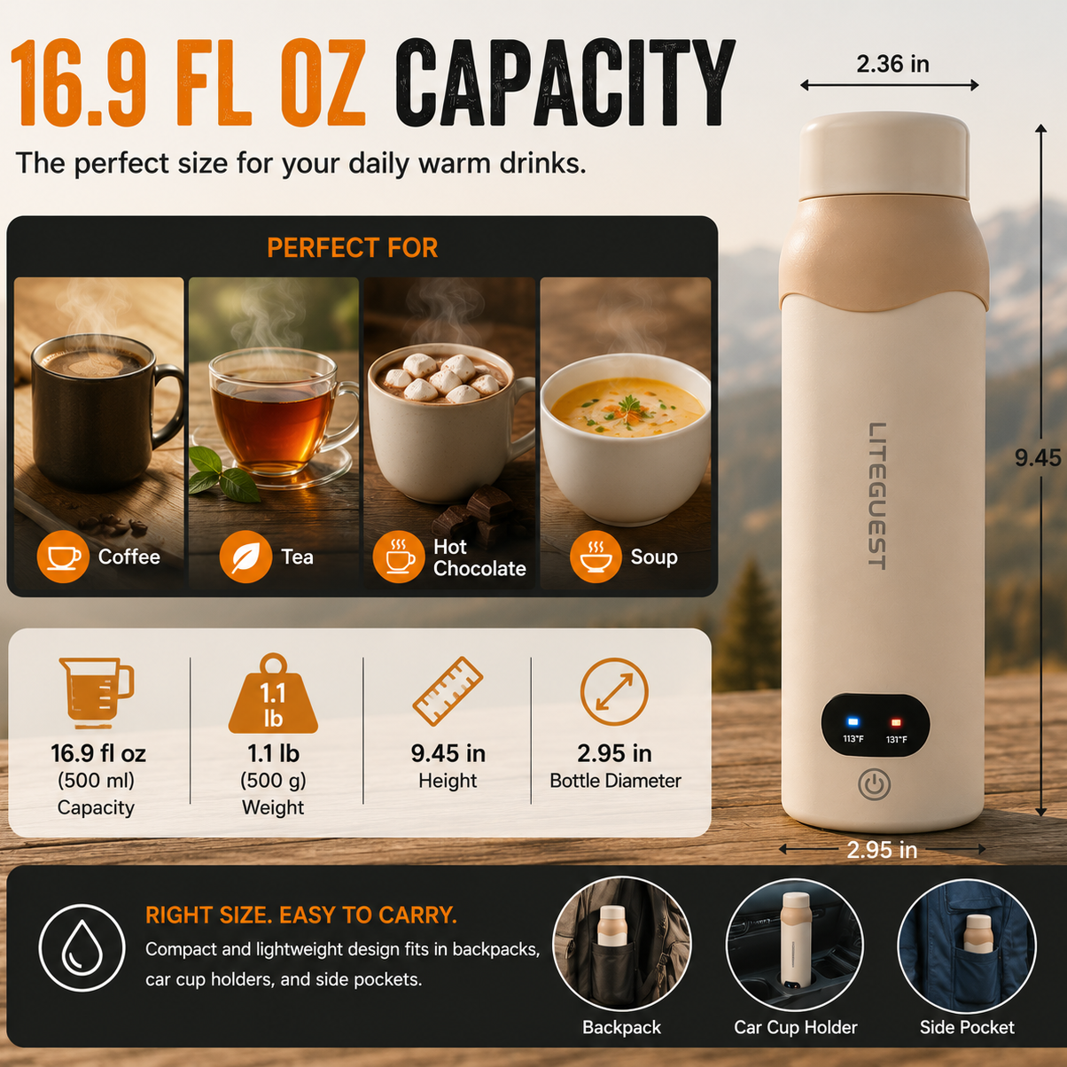 LITEGUEST Portable USB Heated Outdoor Mug 304 Stainless Steel Warm Cup