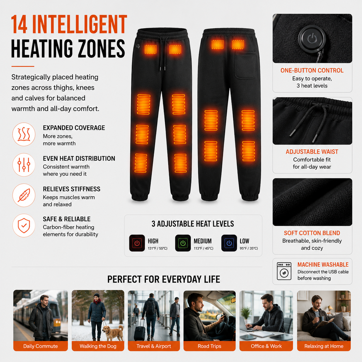 LITEGUEST 14-Zone Heated Pants for Daily Travel & Outdoor Comfort