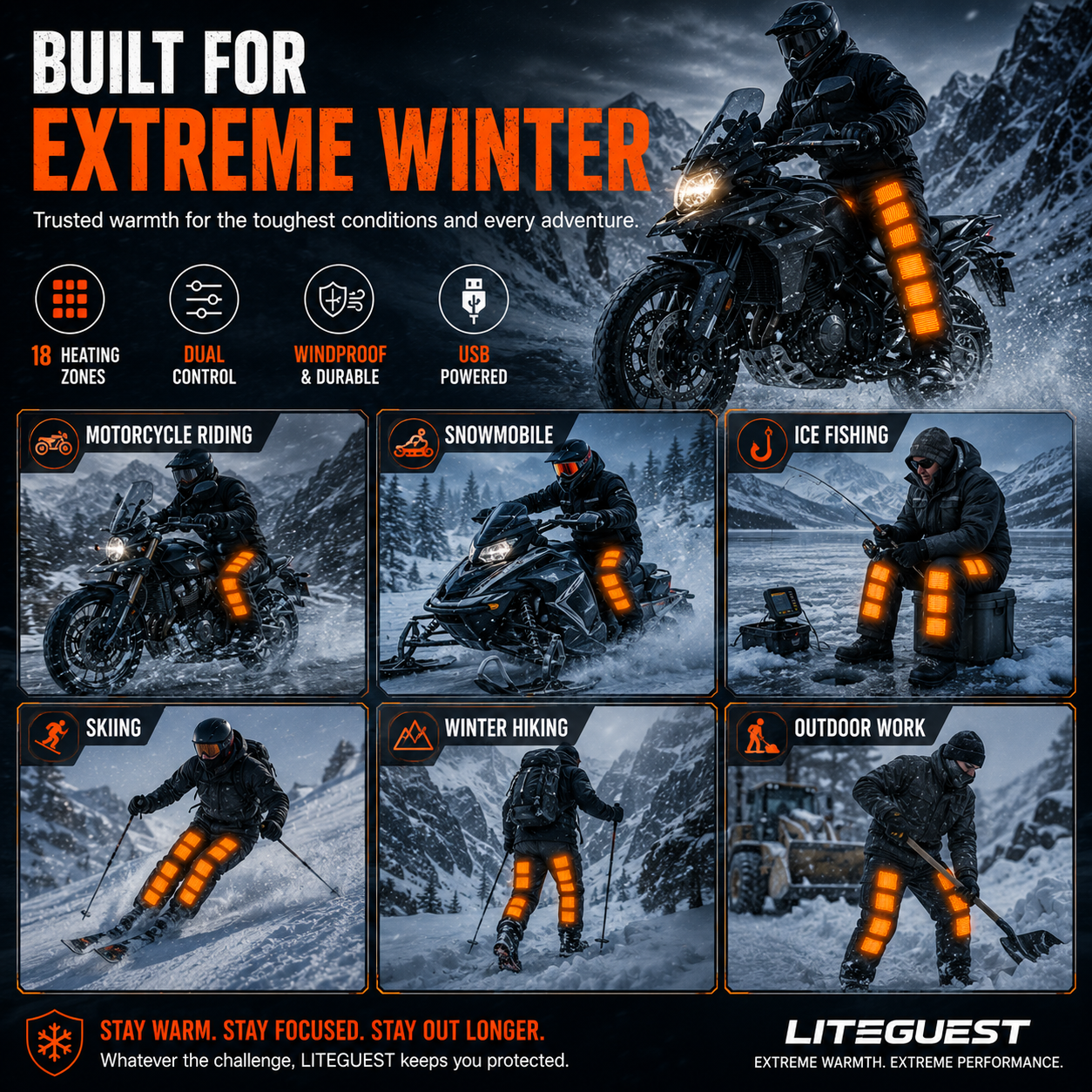 LITEGUEST 18-Zone Heated Pants for Extreme Cold Riding & Skiing