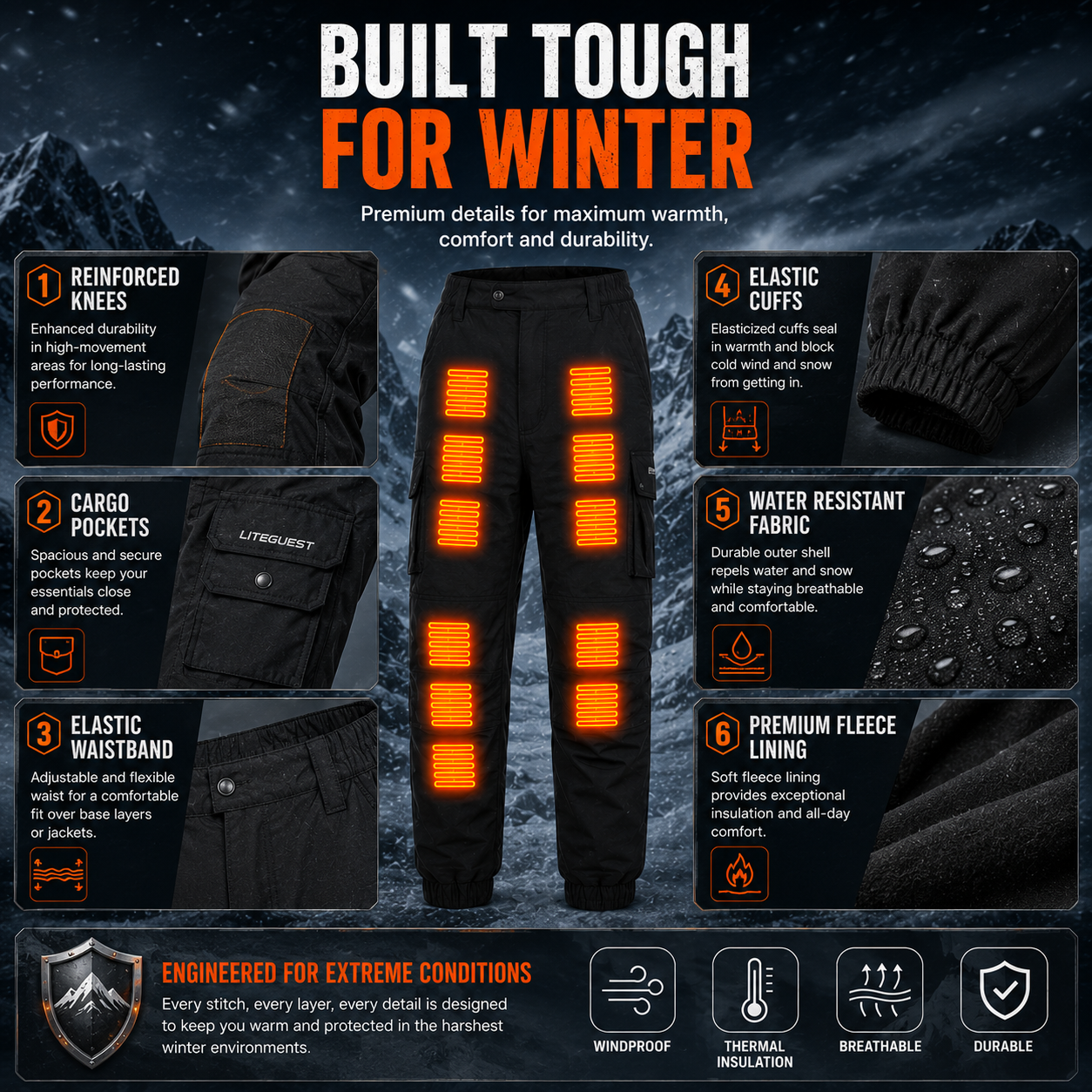 LITEGUEST 18-Zone Heated Pants for Extreme Cold Riding & Skiing