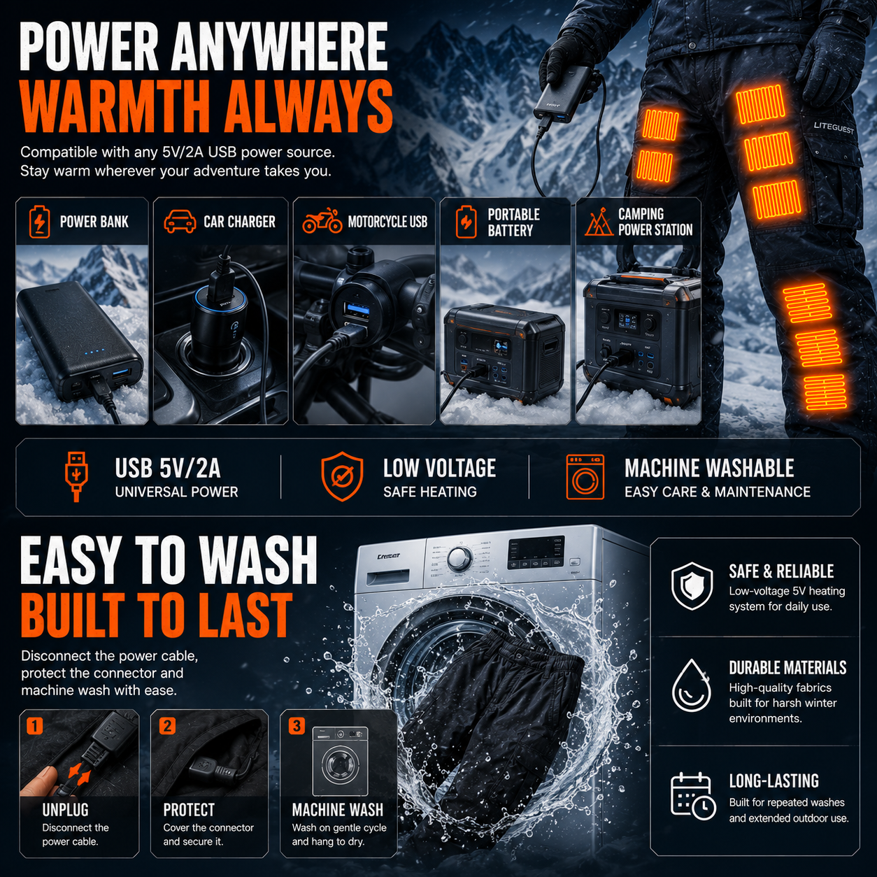 LITEGUEST 18-Zone Heated Pants for Extreme Cold Riding & Skiing