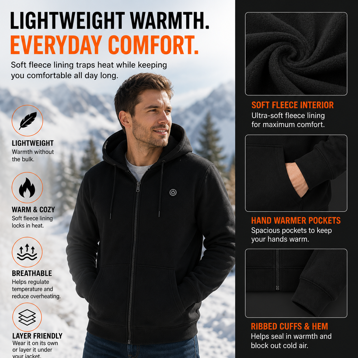 LITEGUEST 5-Zone USB Heated Hoodie Heated Zip-up Hooded Sweatshirt