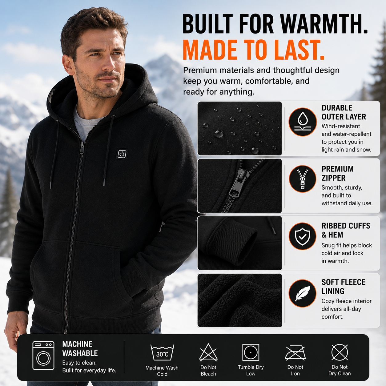 LITEGUEST 5-Zone USB Heated Hoodie Heated Zip-up Hooded Sweatshirt