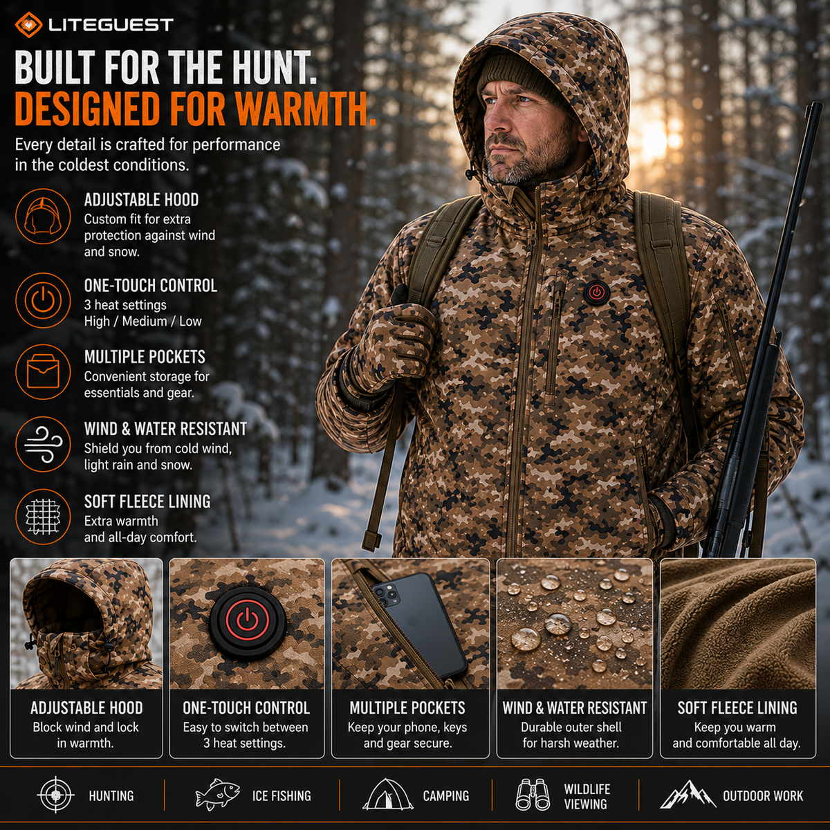 LITEGUEST 7-Zone Heated Camo Jacket Waterproof Outdoor for Winter