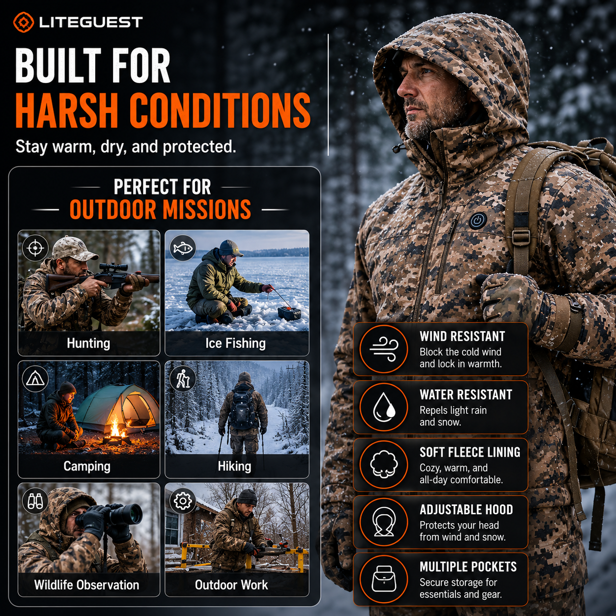 LITEGUEST 7-Zone Heated Camo Jacket Waterproof Outdoor for Winter