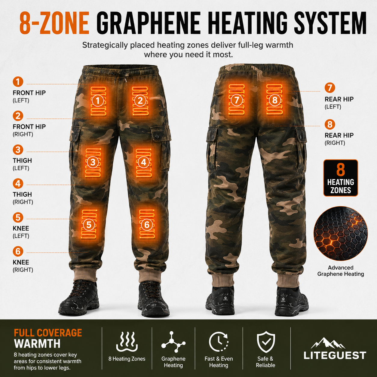 LITEGUEST 8-Zone Heated Pants Cargo Multi-Pocket Outdoor for Winter