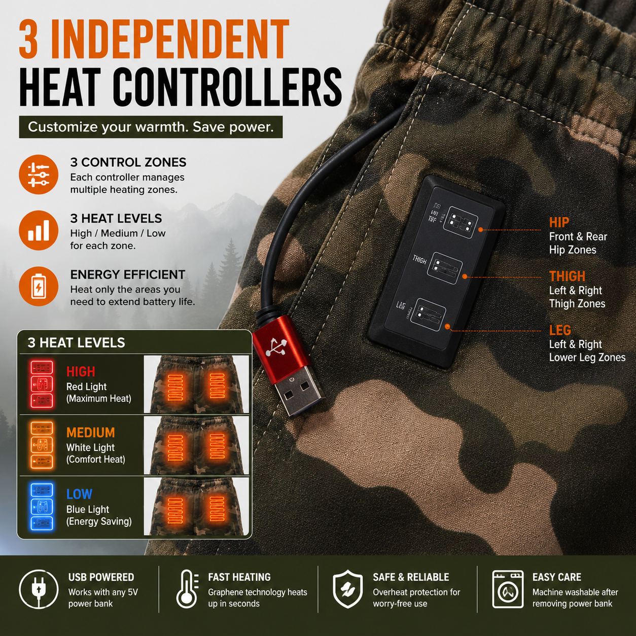 LITEGUEST 8-Zone Heated Pants Cargo Multi-Pocket Outdoor for Winter