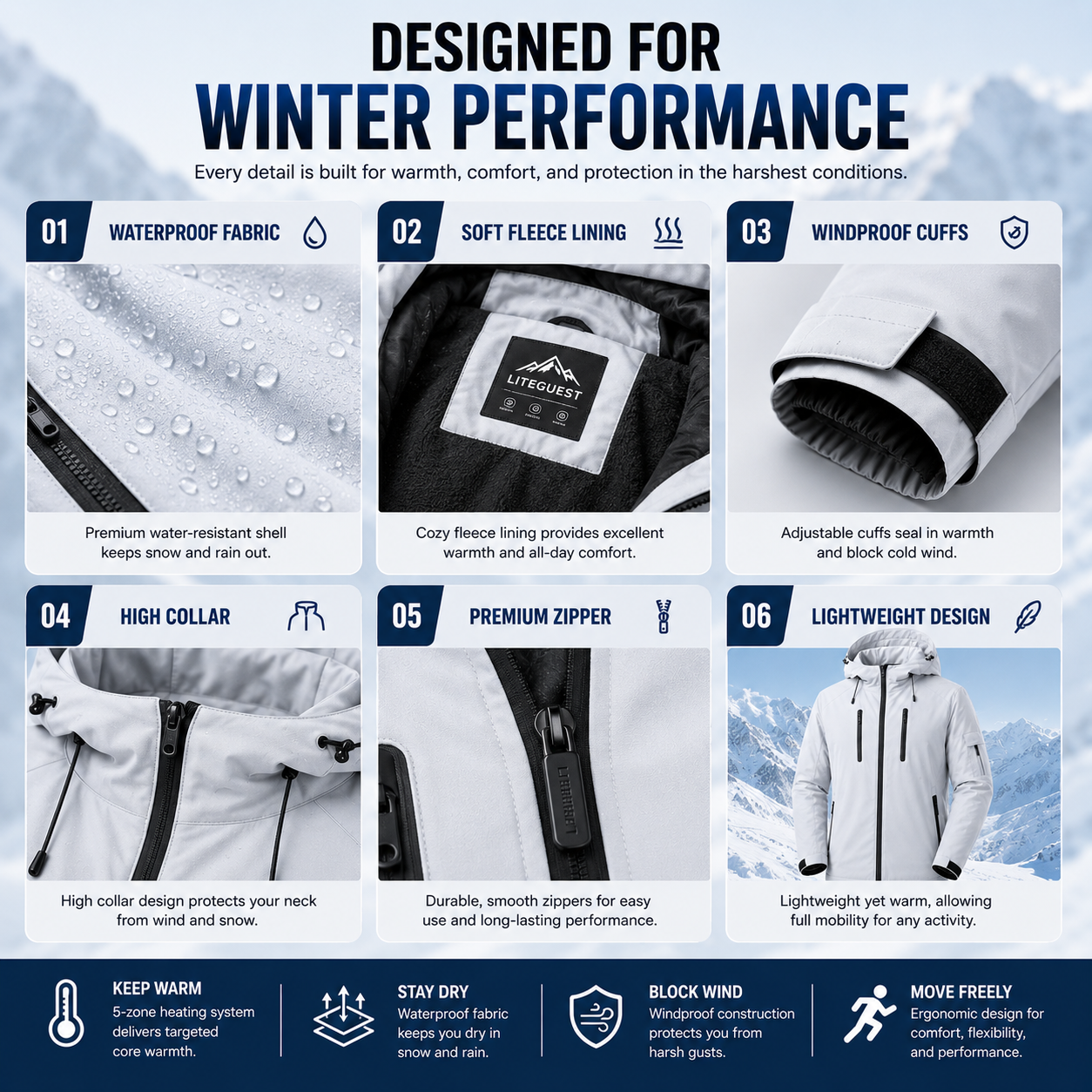LITEGUEST Waterproof 5-Zone Heated Jacket USB-Powered for Outdoor