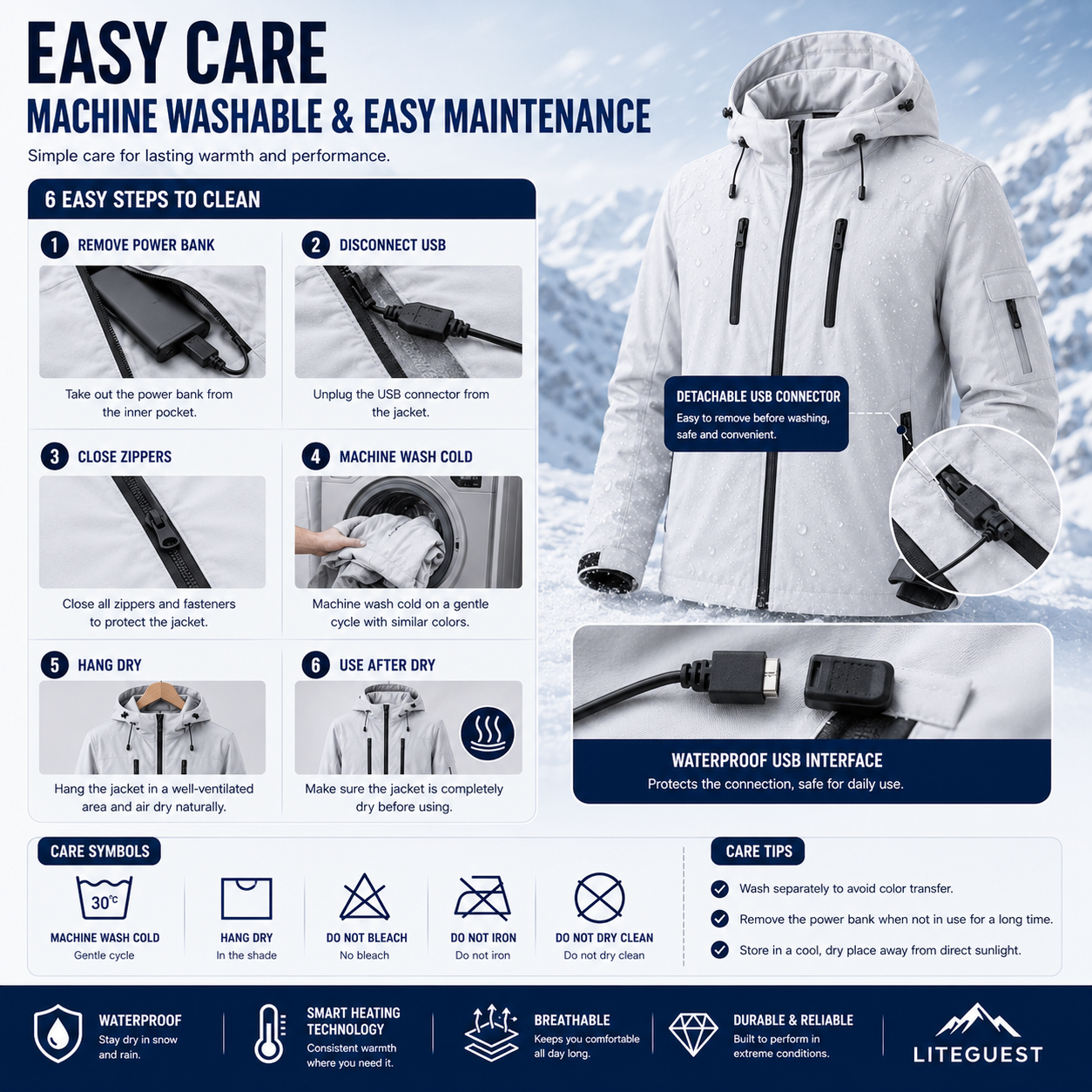 LITEGUEST Waterproof 5-Zone Heated Jacket USB-Powered for Outdoor