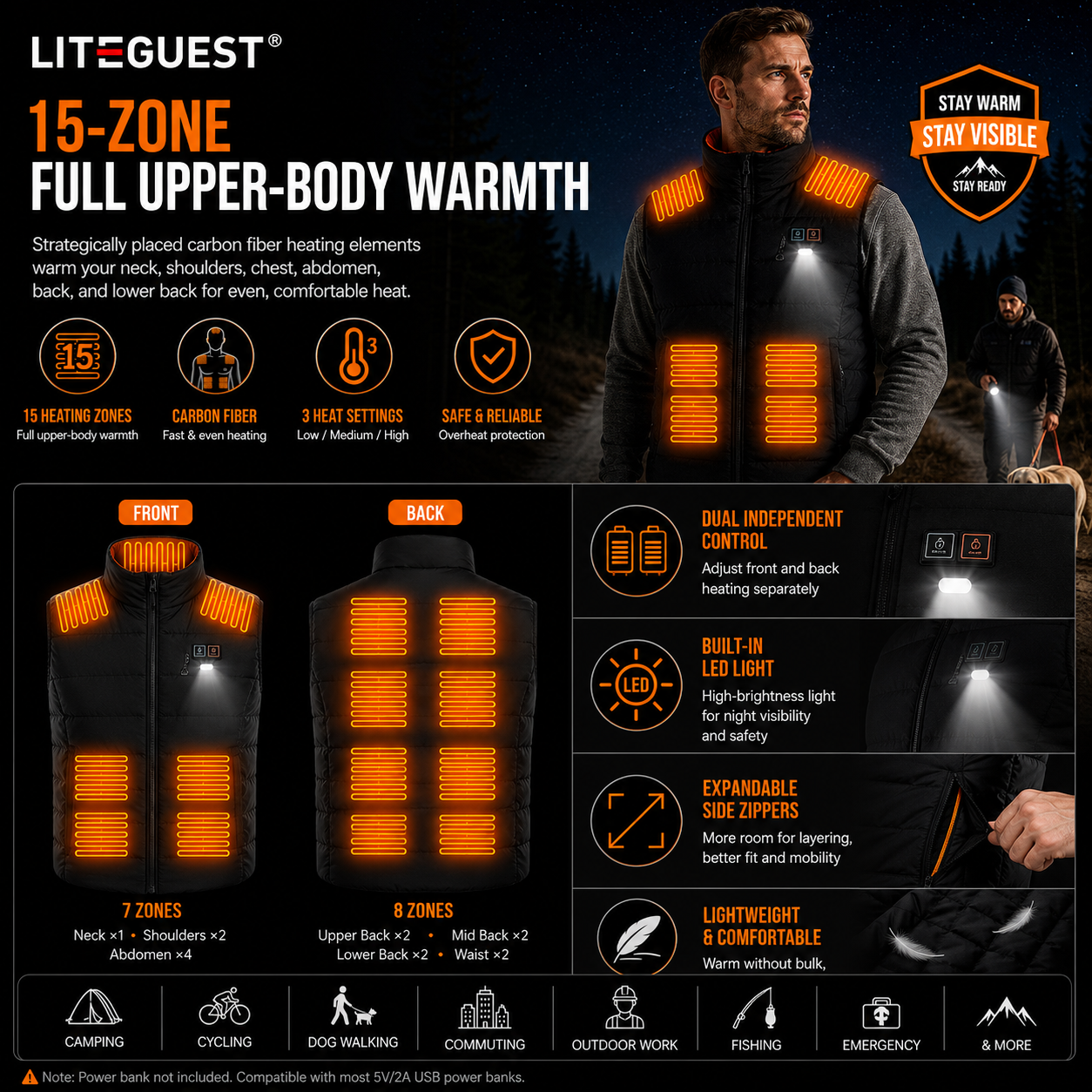 LITEGUEST 14-Zone Heated Vest with LED Light Warming Vest for Winter