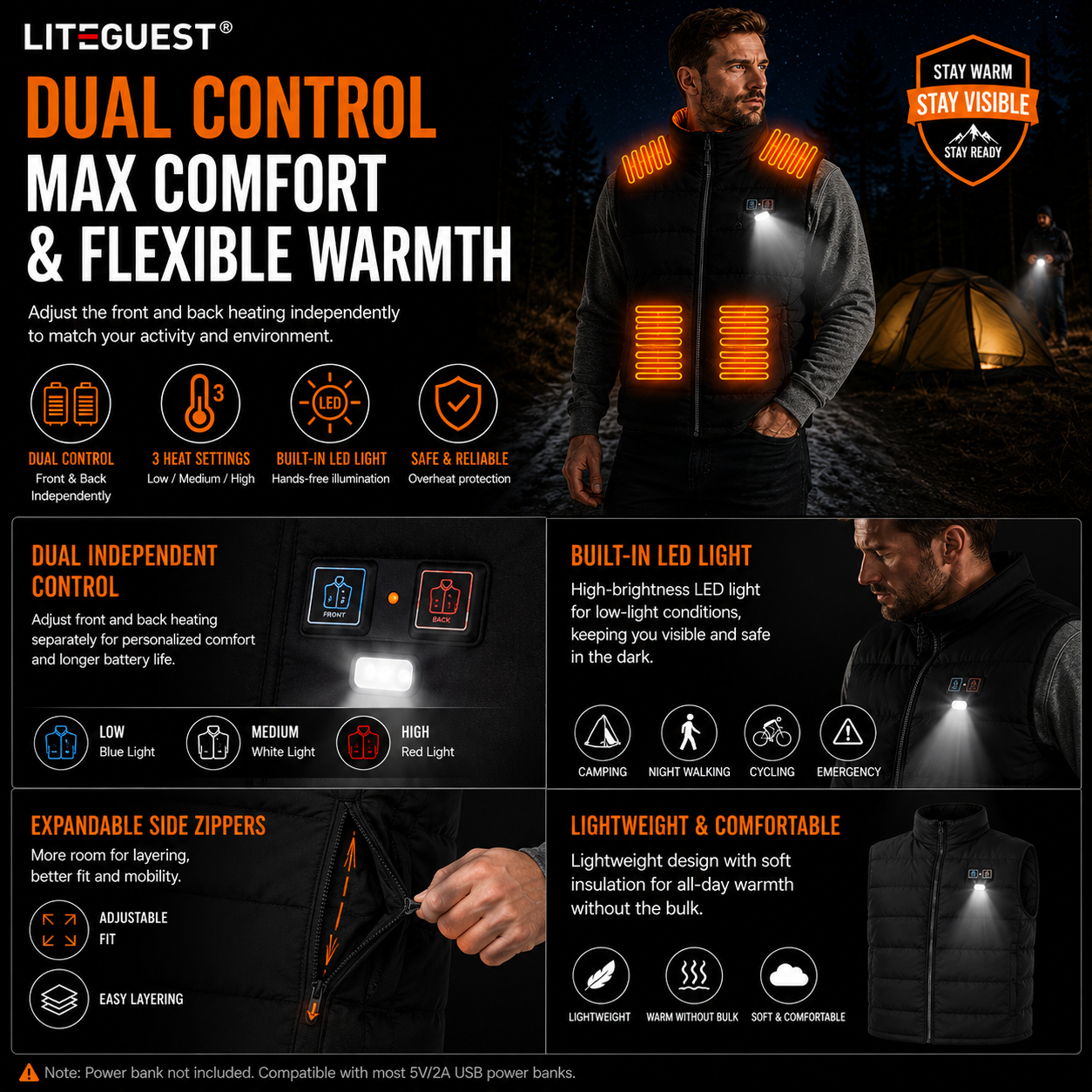 LITEGUEST 14-Zone Heated Vest with LED Light Warming Vest for Winter