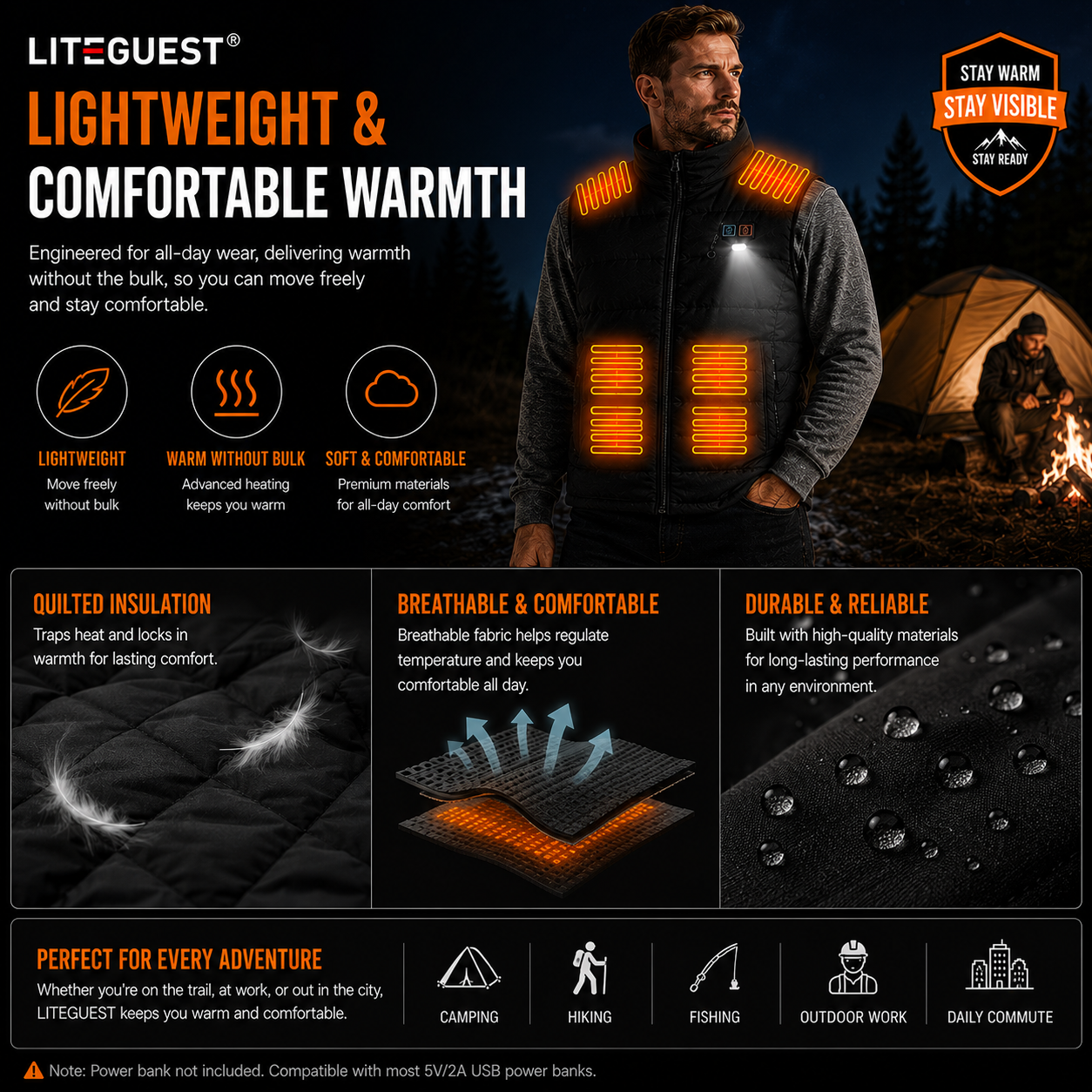 LITEGUEST 14-Zone Heated Vest with LED Light Warming Vest for Winter