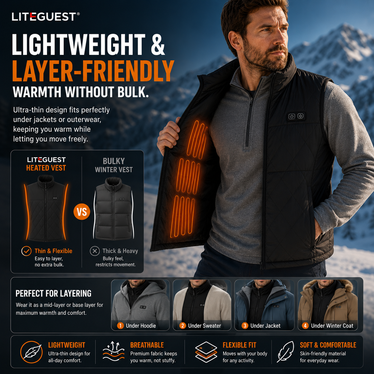 LITEGUEST 17-Zone Dual-Control Heated Vest for Daily Winter Warmth