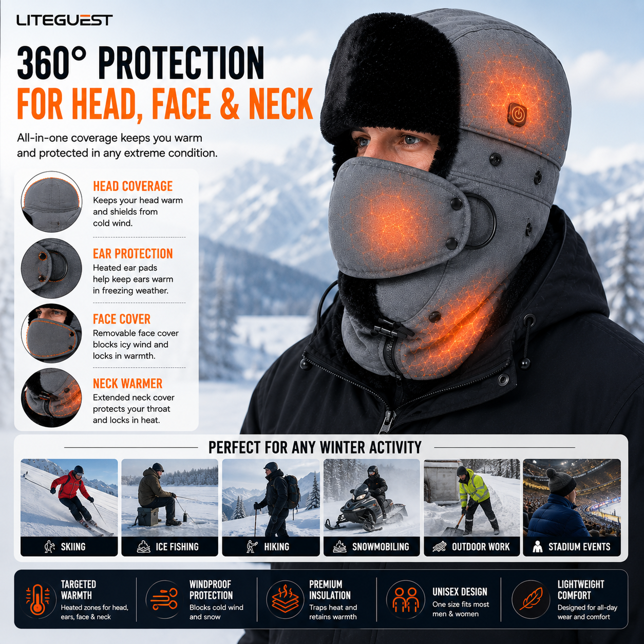 LITEGUEST Heated Trapper Hat – USB Rechargeable Winter Hat for Outdoor