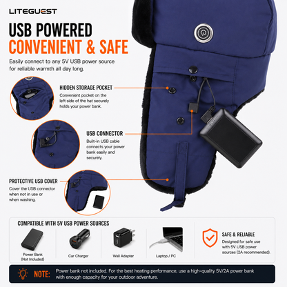 LITEGUEST Heated Trapper Hat – USB Rechargeable Winter Hat for Outdoor