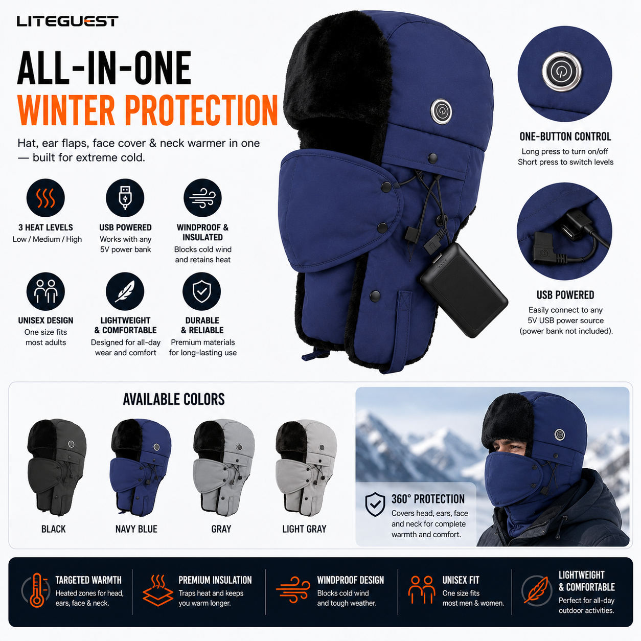 LITEGUEST Heated Trapper Hat – USB Rechargeable Winter Hat for Outdoor