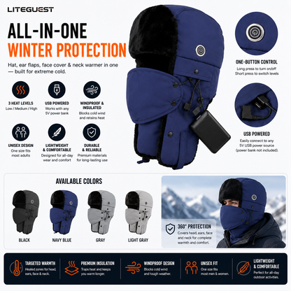 LITEGUEST Heated Trapper Hat – USB Rechargeable Winter Hat for Outdoor