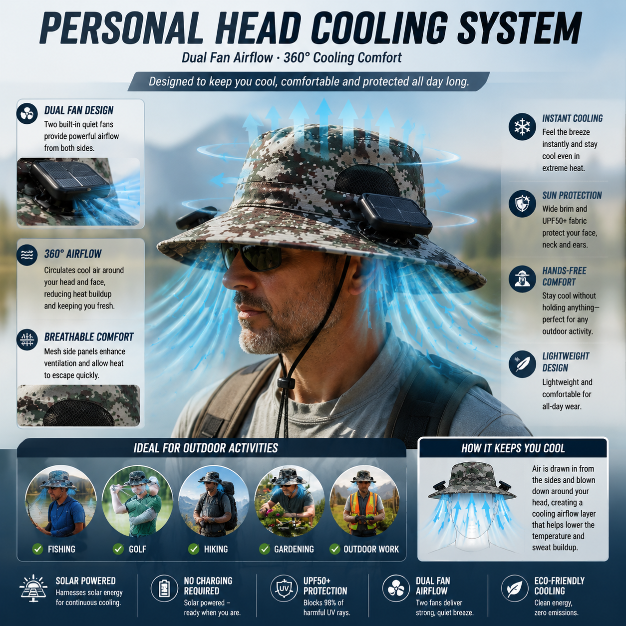 LITEGUEST Solar-Powered Dual Fan Sun Hat – Cooling Outdoor Cap
