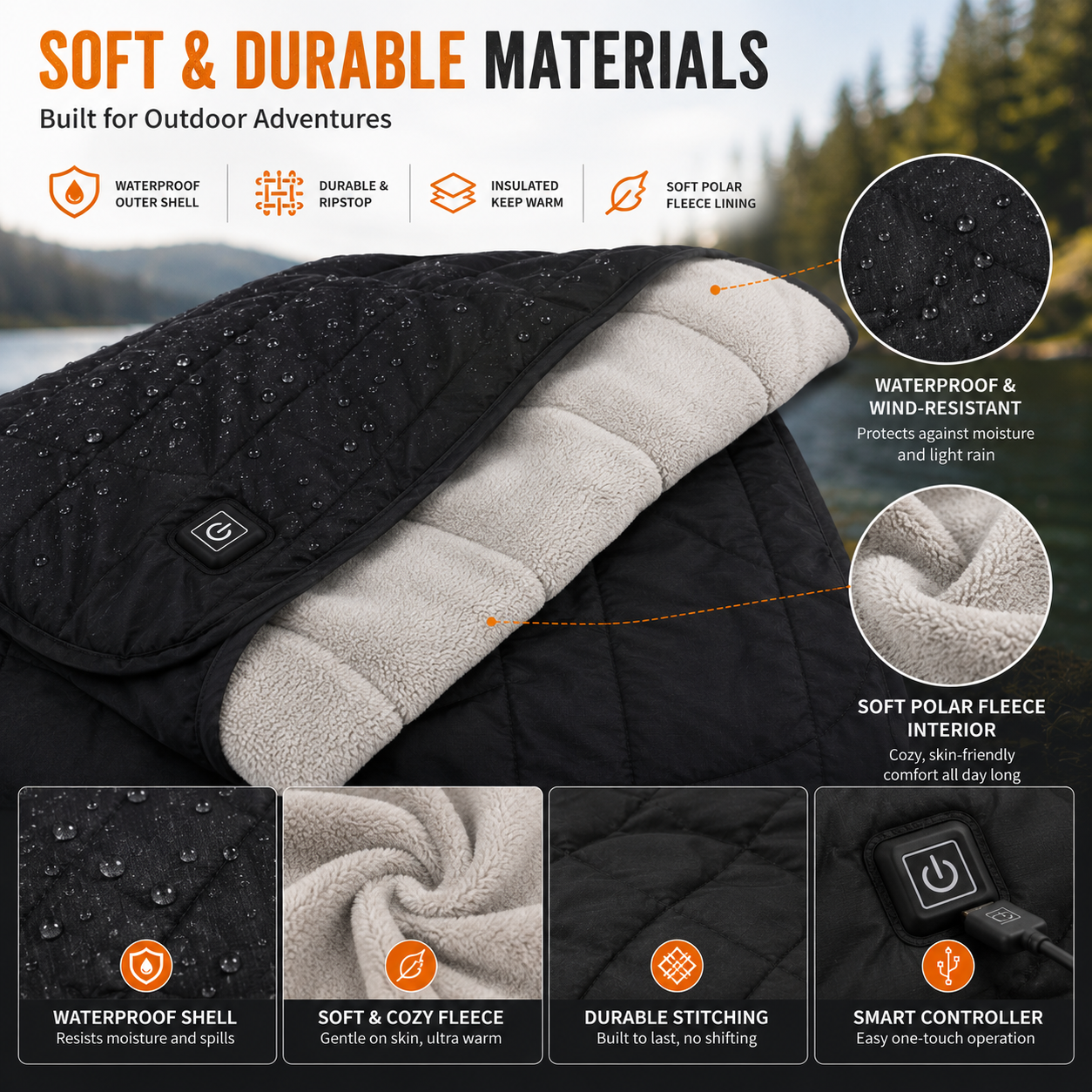 LITEGUEST Heated Camping Blanket Polar Fleece Waterproof USB-Powered