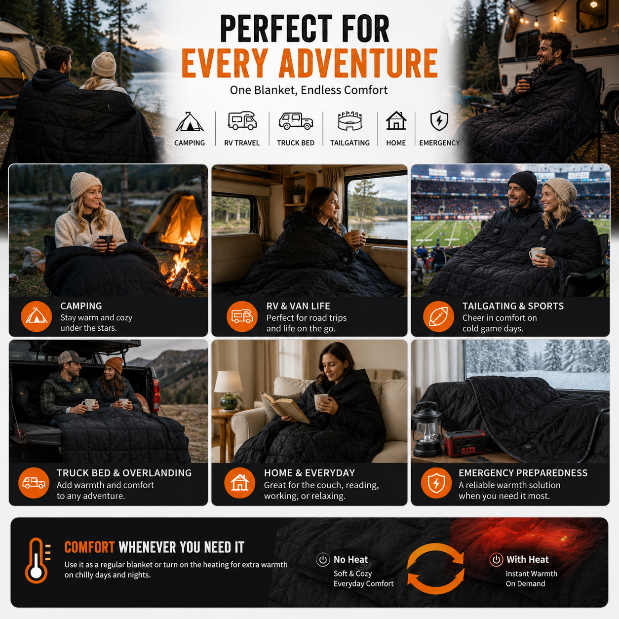 LITEGUEST Heated Camping Blanket Polar Fleece Waterproof USB-Powered