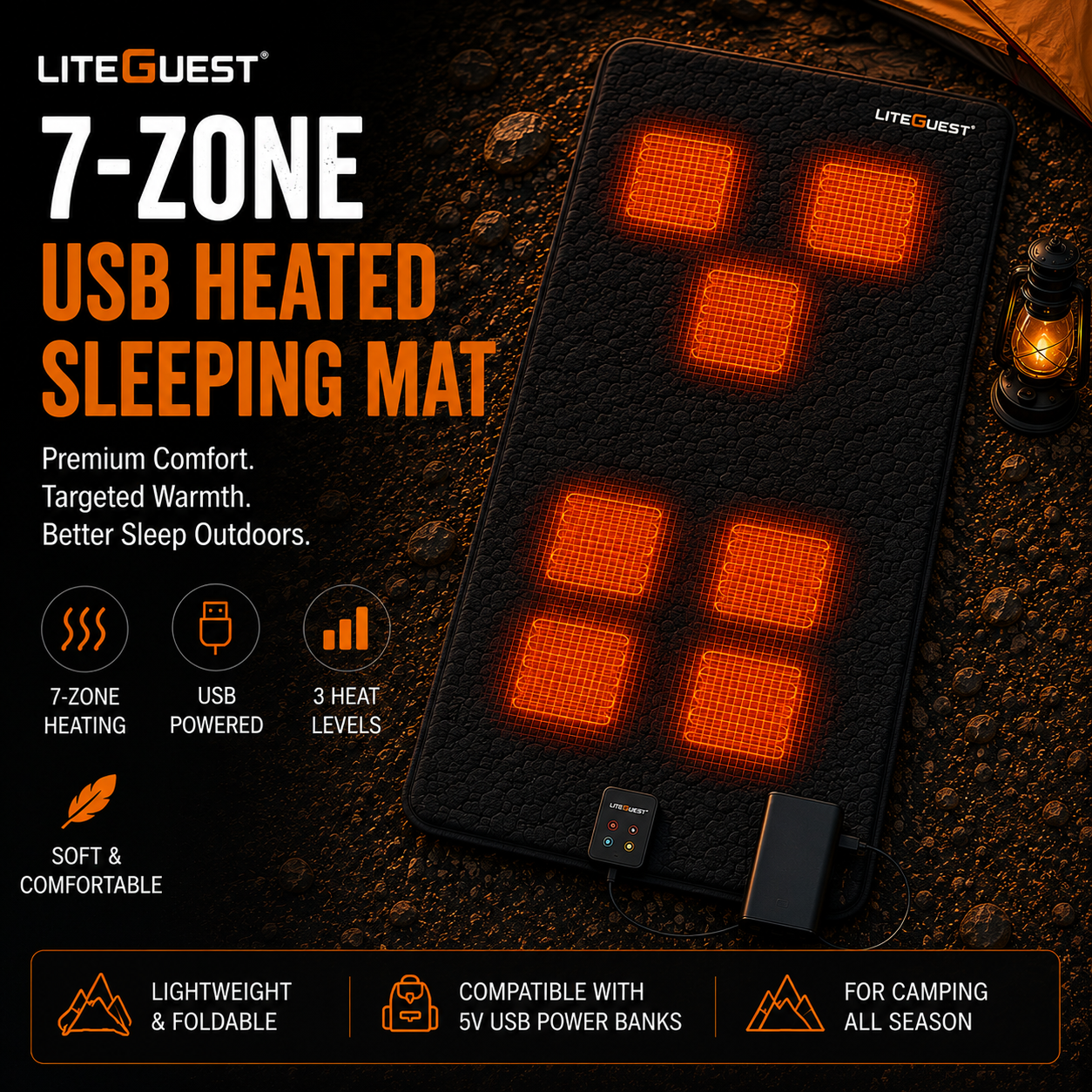 LITEGUEST 7-Zone USB Heated Sleeping Mat for Cold Ground Comfort
