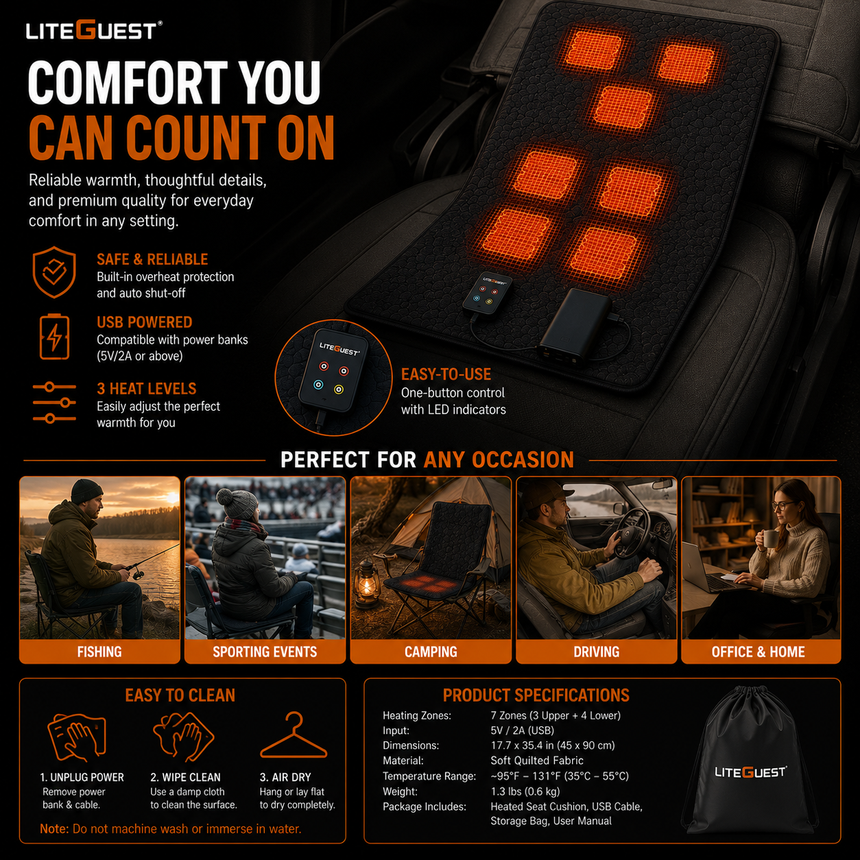 LITEGUEST 7-Zone USB Heated Sleeping Mat for Cold Ground Comfort