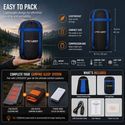 LITEGUEST Winter Heated Single Sleeping Bag 5V Electric Camping Gear