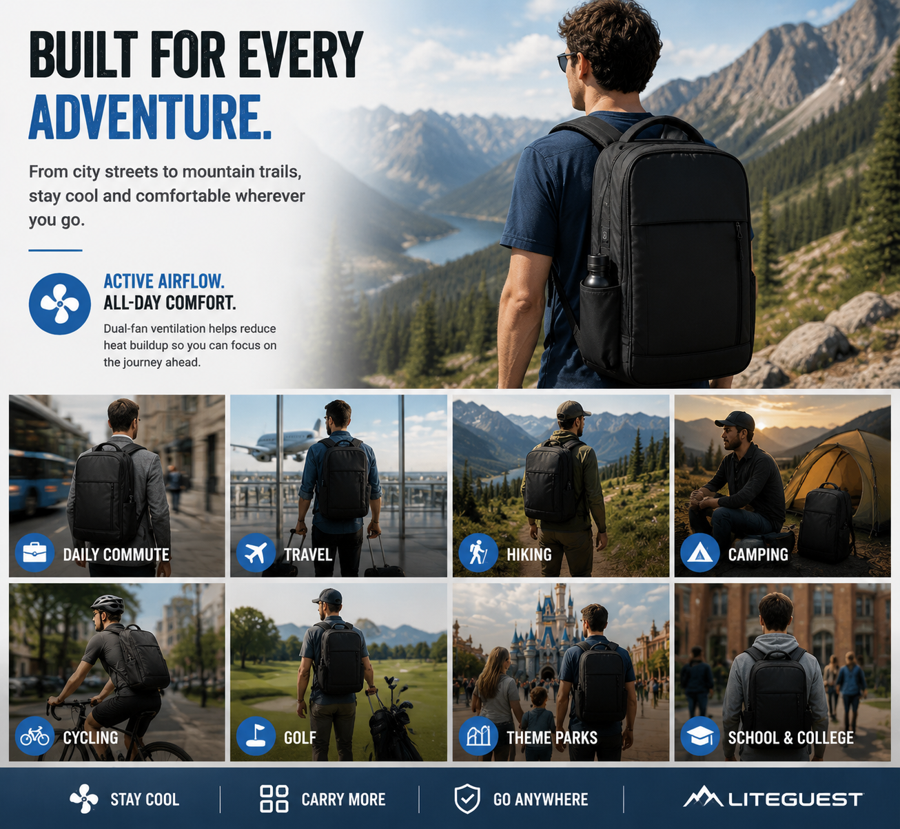LITEGUEST AirFlow Cooling Backpack 20L | Dual Fan Ventilated Backpack