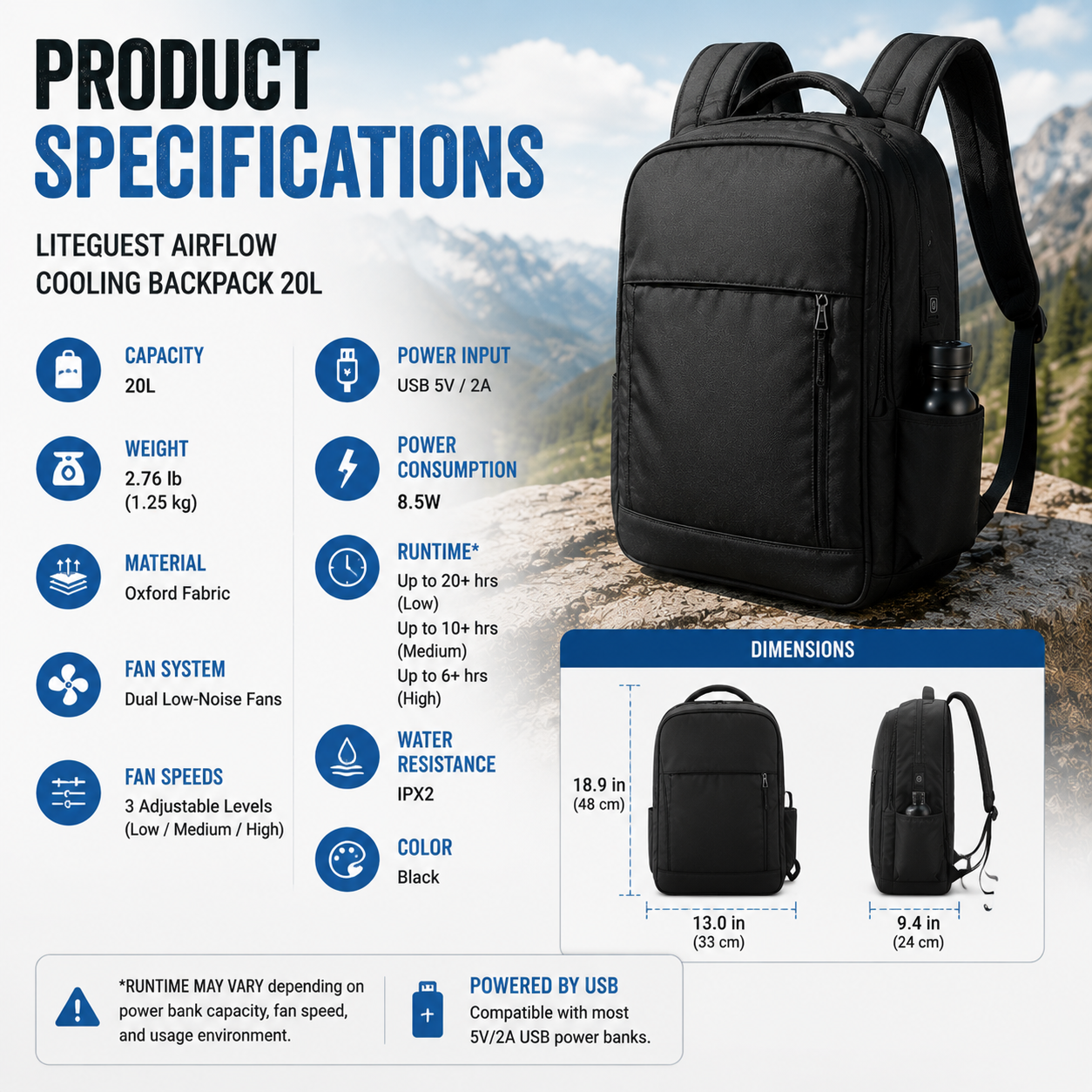 LITEGUEST AirFlow Cooling Backpack 20L | Dual Fan Ventilated Backpack