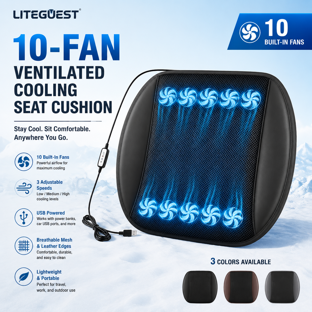 LITEGUEST Fan-Cooling Seat Cushion – USB-Powered Summer Comfort