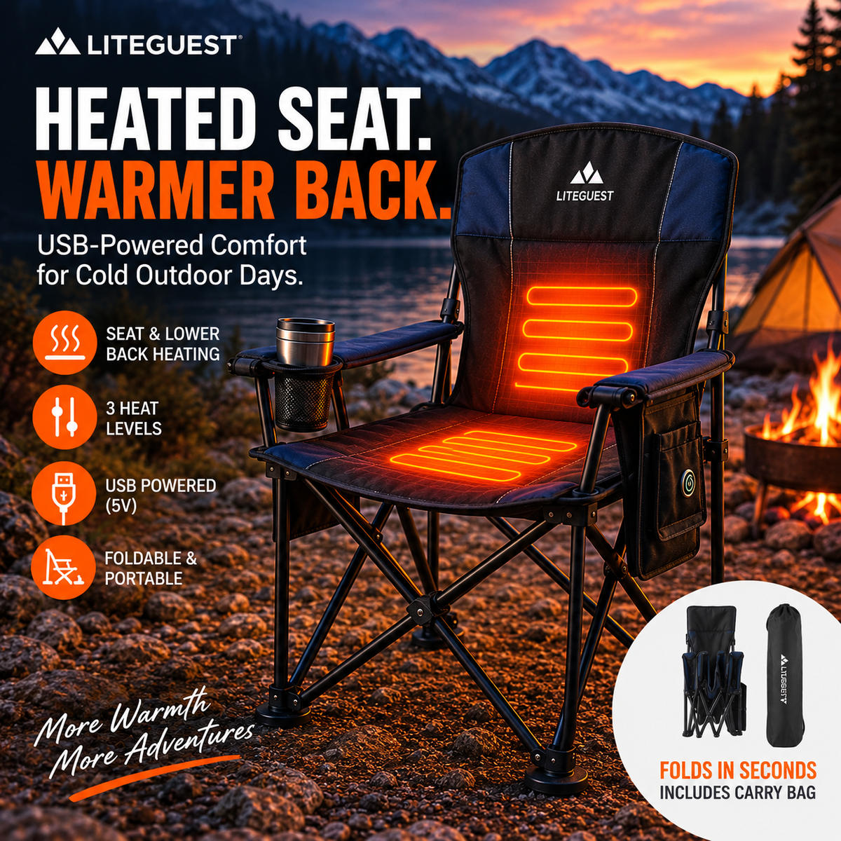LITEGUEST Heated Camping Chair | USB Heated Folding Chair